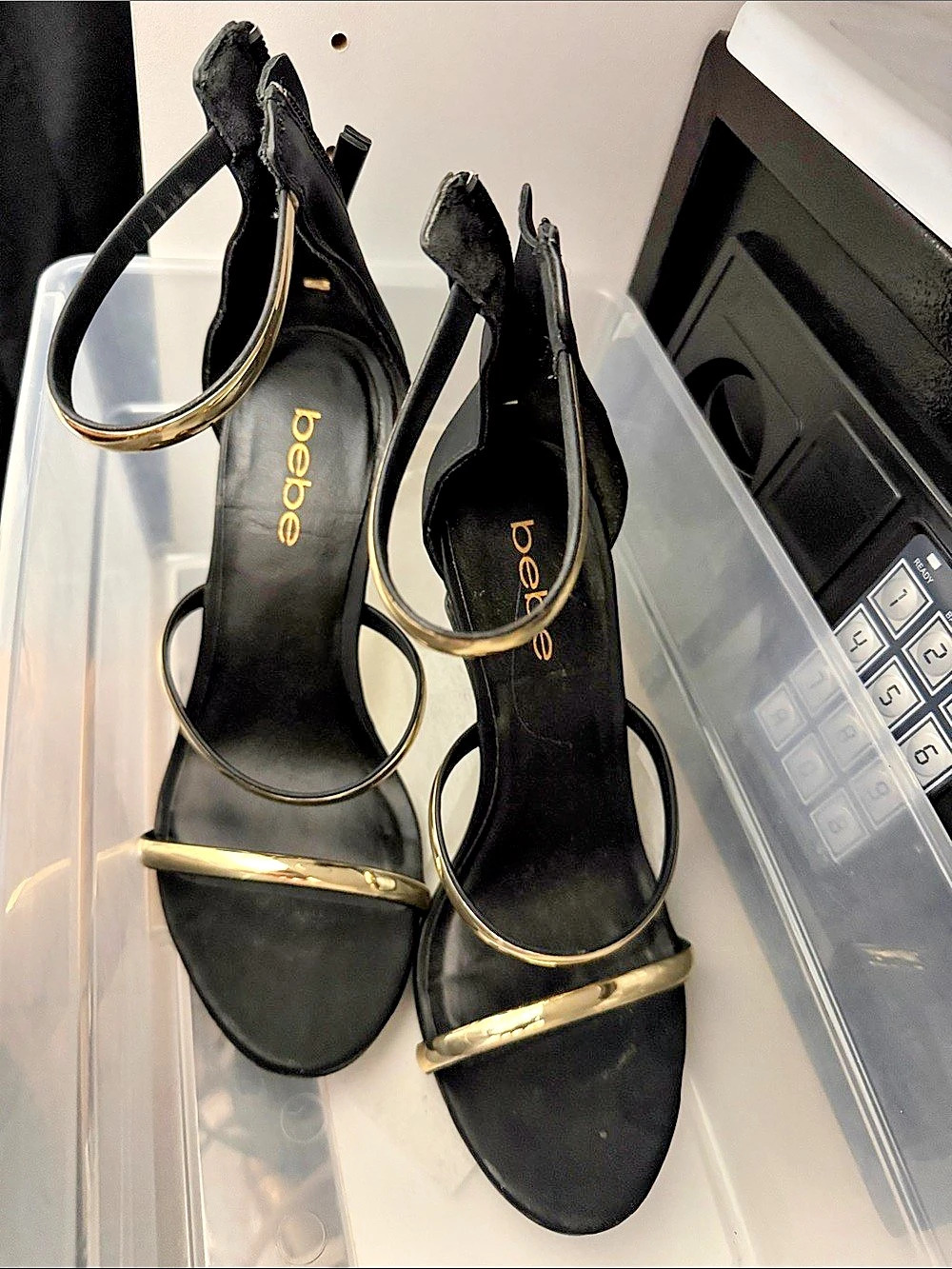 Bebe Gold-Tone Strap Heels in Black